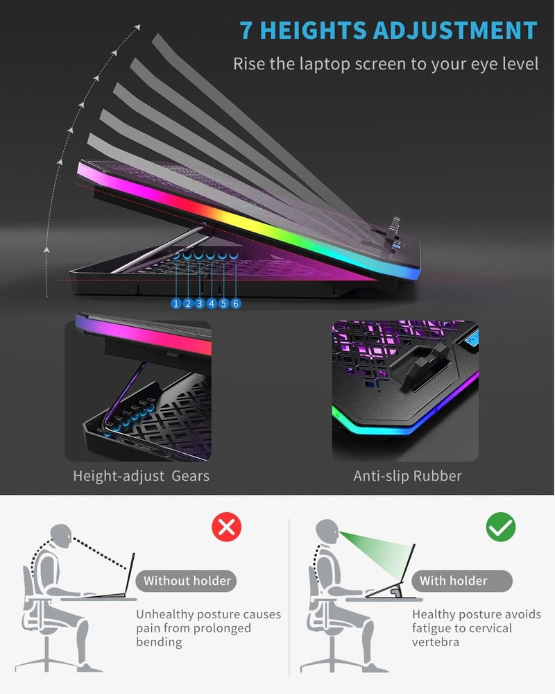 KeiBn وسادة تبريد لابتوب، مبرد لابتوب RGB لأجهزة اللابتوب من 15.6 إلى 17.3 بوصة، مع 10 أوضاع إضاءة | 6 مراوح | 7 ارتفاعات | 2 منفذ USB | استخدام على المكتب أو في الحضن (A8/بنفسجي) - Image 4